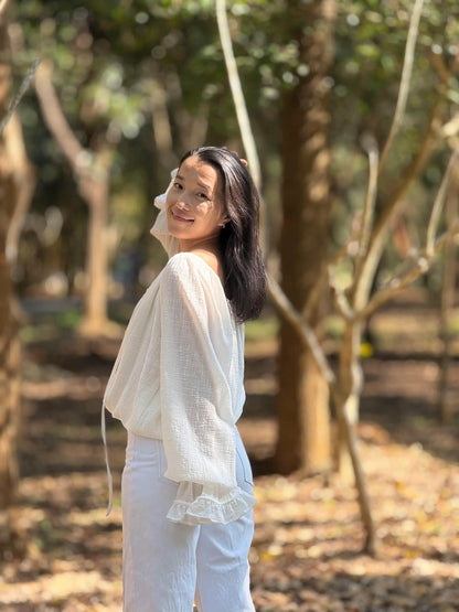 Minimal Cotton Linen Bow Blouse