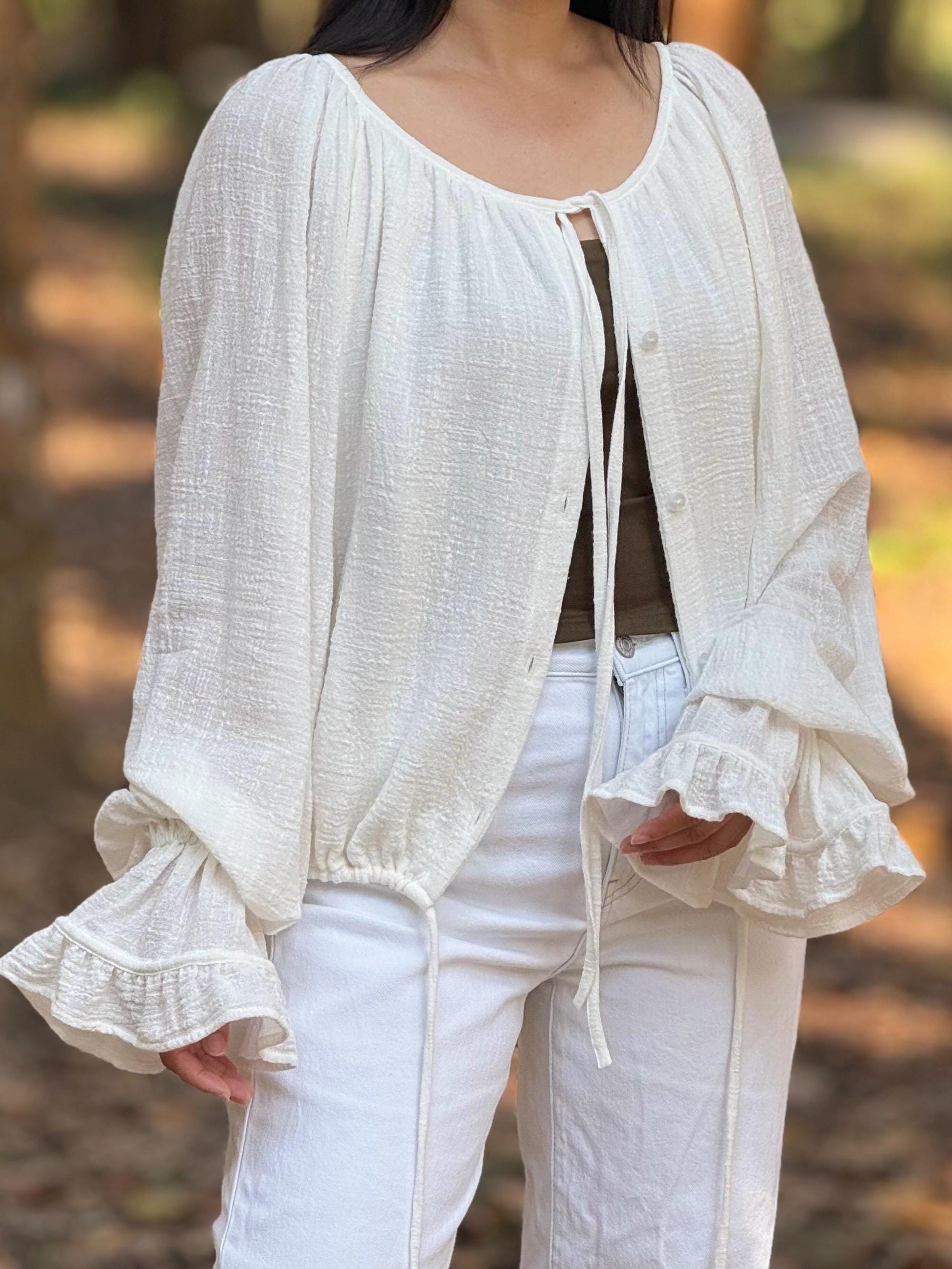 Minimal Cotton Linen Bow Blouse