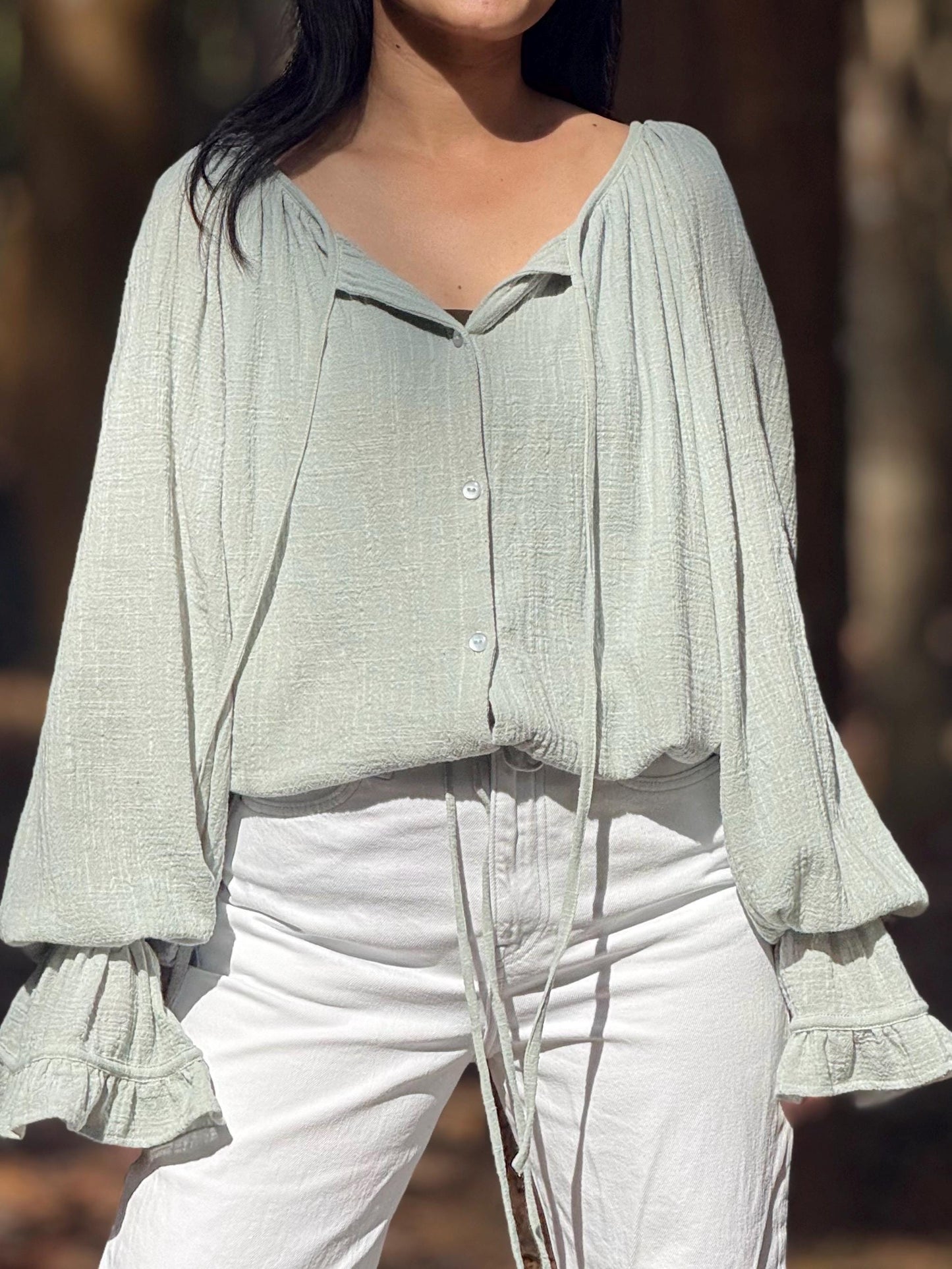 Minimal Cotton Linen Bow Blouse