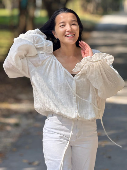 Minimal Cotton Linen Bow Blouse