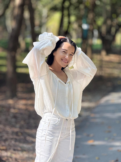 Minimal Cotton Linen Bow Blouse