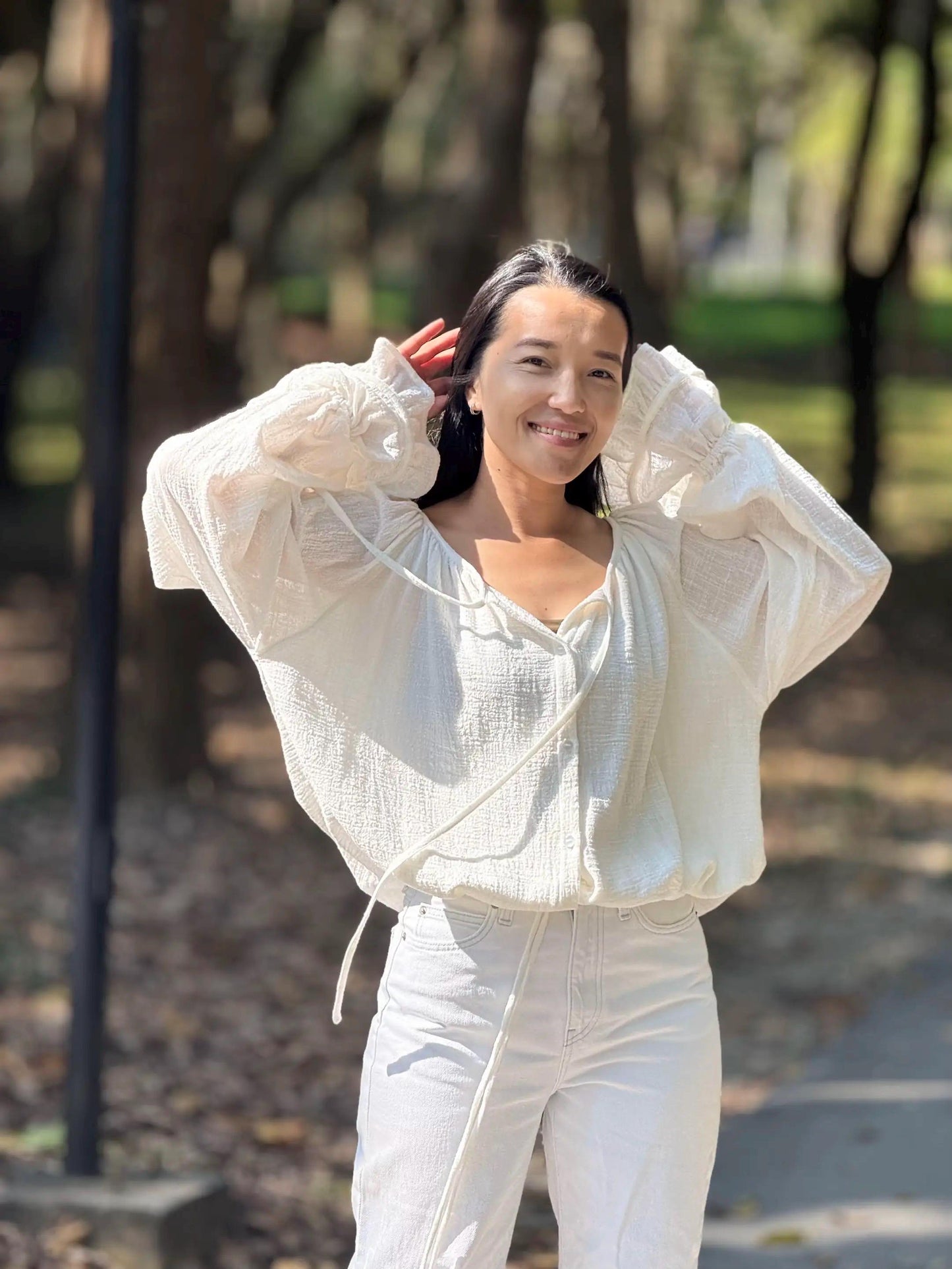 Minimal Cotton Linen Bow Blouse