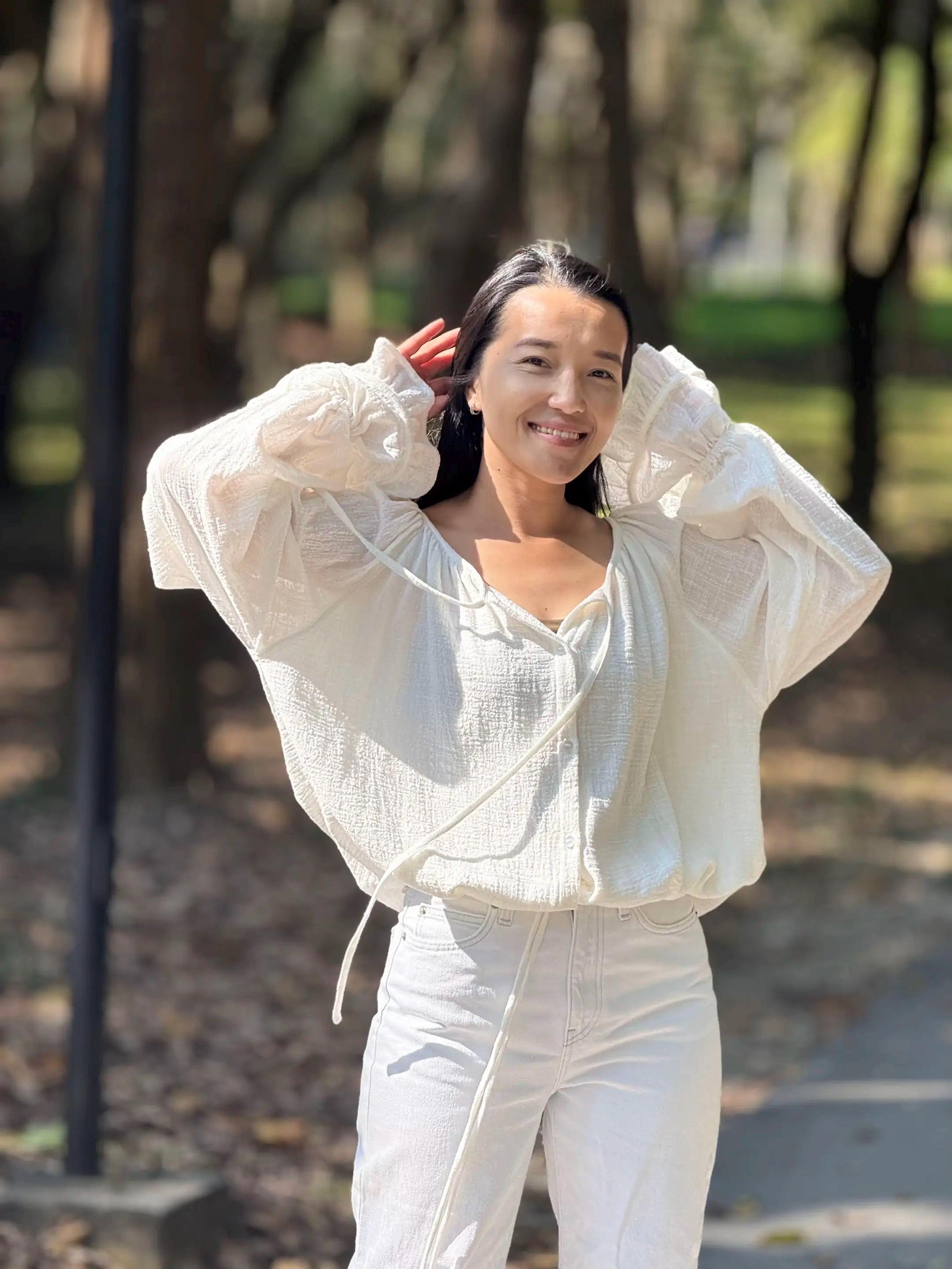 Minimal Cotton Linen Bow Blouse