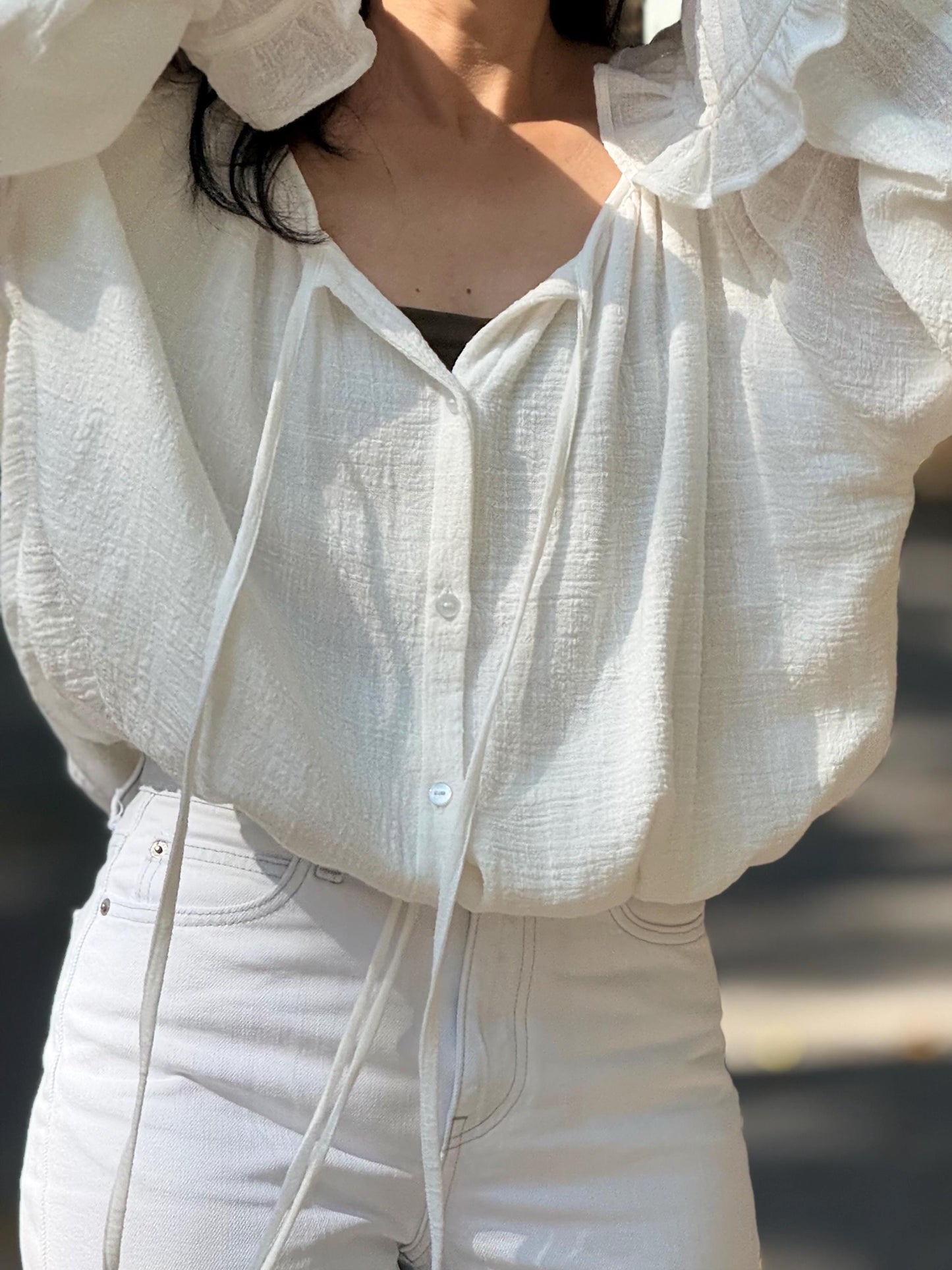 Minimal Cotton Linen Bow Blouse