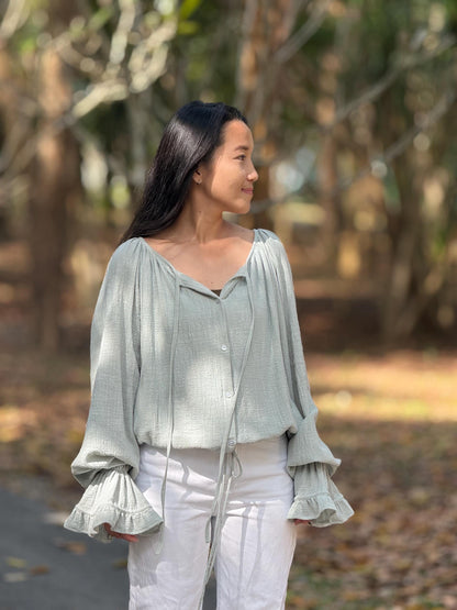 Minimal Cotton Linen Bow Blouse