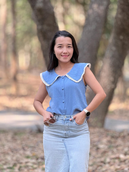 Cotton Gauze Crop Top – Sleeveless Collared Button-Up Top – Organic Cotton Double Gauze Muslin – Minimalist Summer Blouse