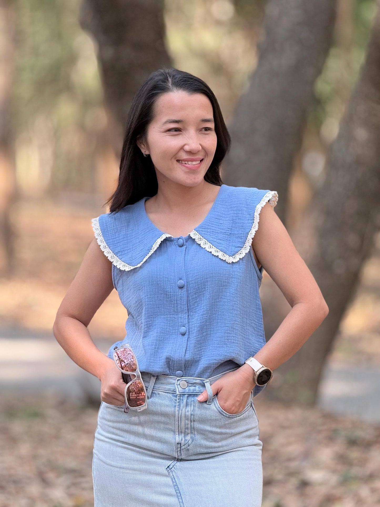 Cotton Gauze Crop Top – Sleeveless Collared Button-Up Top – Organic Cotton Double Gauze Muslin – Minimalist Summer Blouse