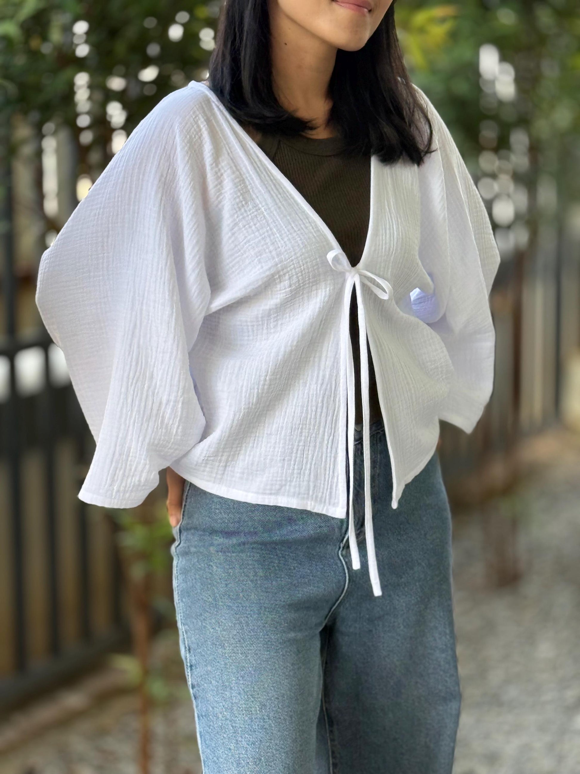 Muslin Double Gauze Bow Laced Blouse | Long Sleeve Loose Top