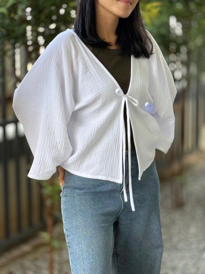 Muslin Double Gauze Bow Laced Blouse | Long Sleeve Loose Top