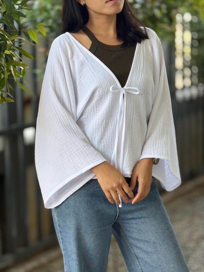 Muslin Double Gauze Bow Laced Blouse | Long Sleeve Loose Top