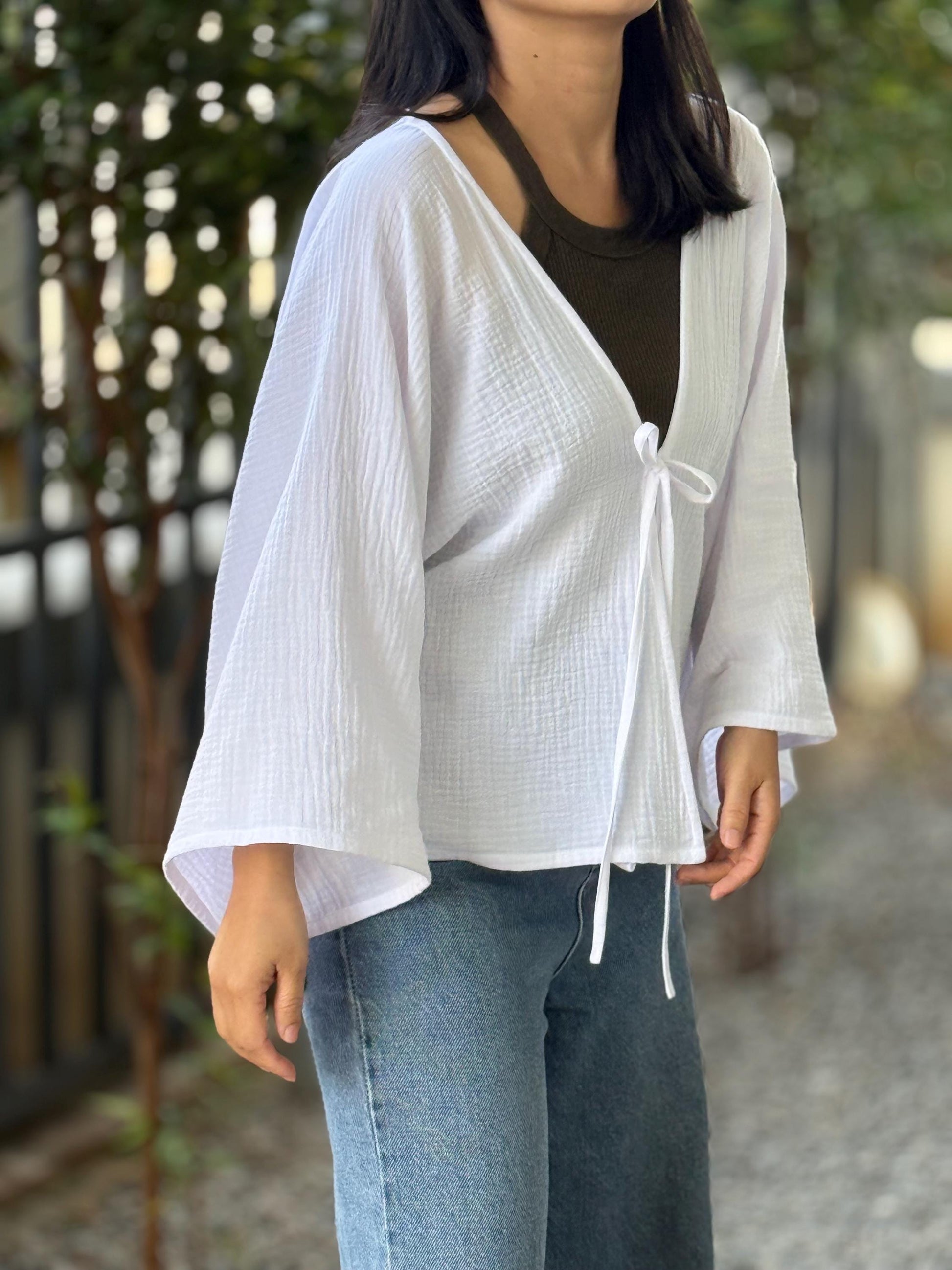 Muslin Double Gauze Bow Laced Blouse | Long Sleeve Loose Top