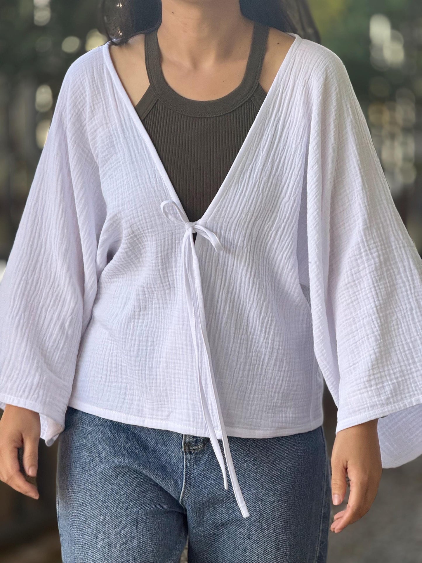 Muslin Double Gauze Bow Laced Blouse | Long Sleeve Loose Top