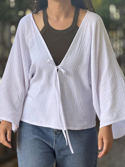 Muslin Double Gauze Bow Laced Blouse | Long Sleeve Loose Top