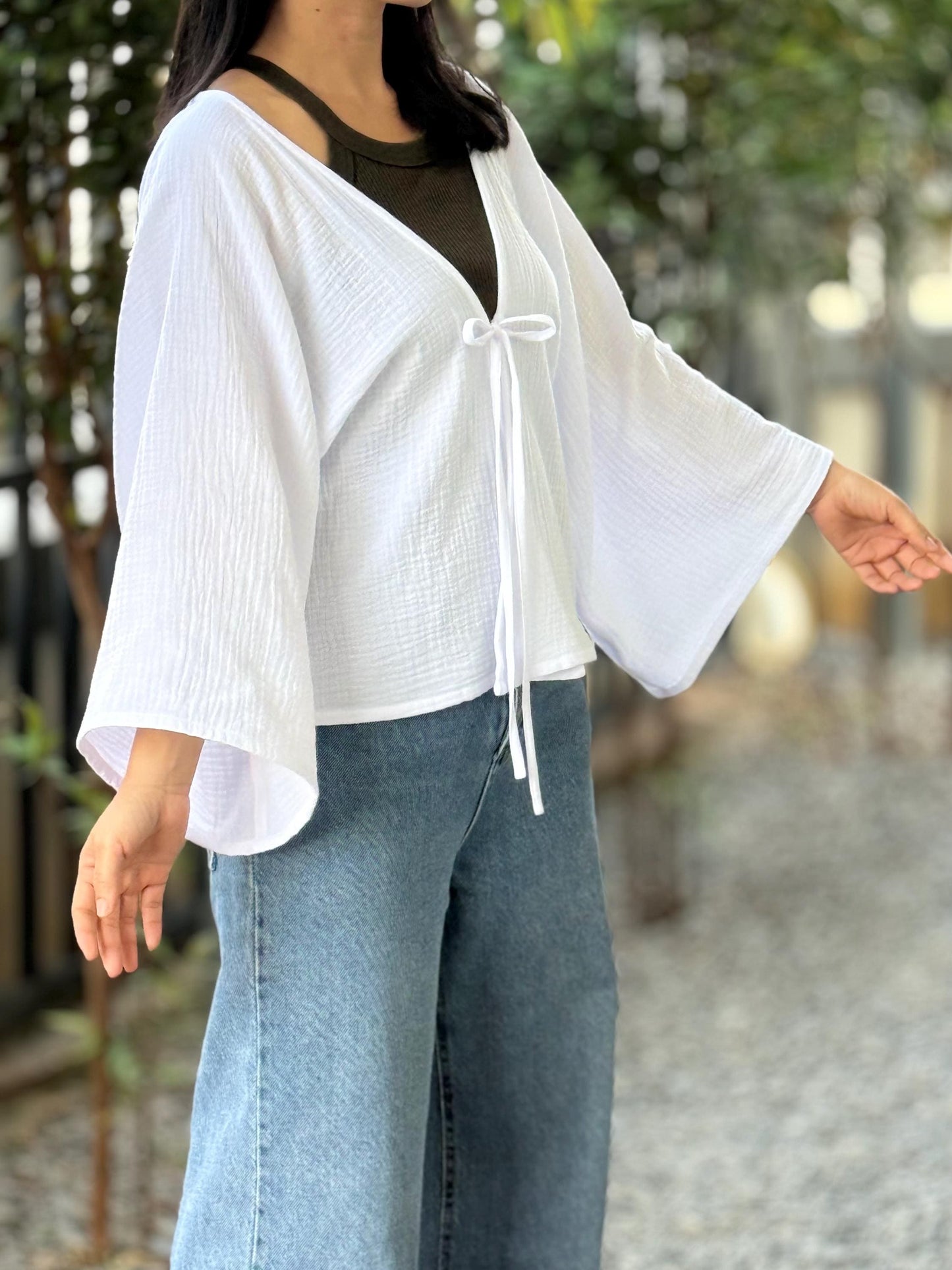 Muslin Double Gauze Bow Laced Blouse | Long Sleeve Loose Top