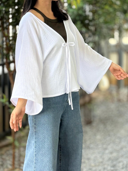Muslin Double Gauze Bow Laced Blouse | Long Sleeve Loose Top
