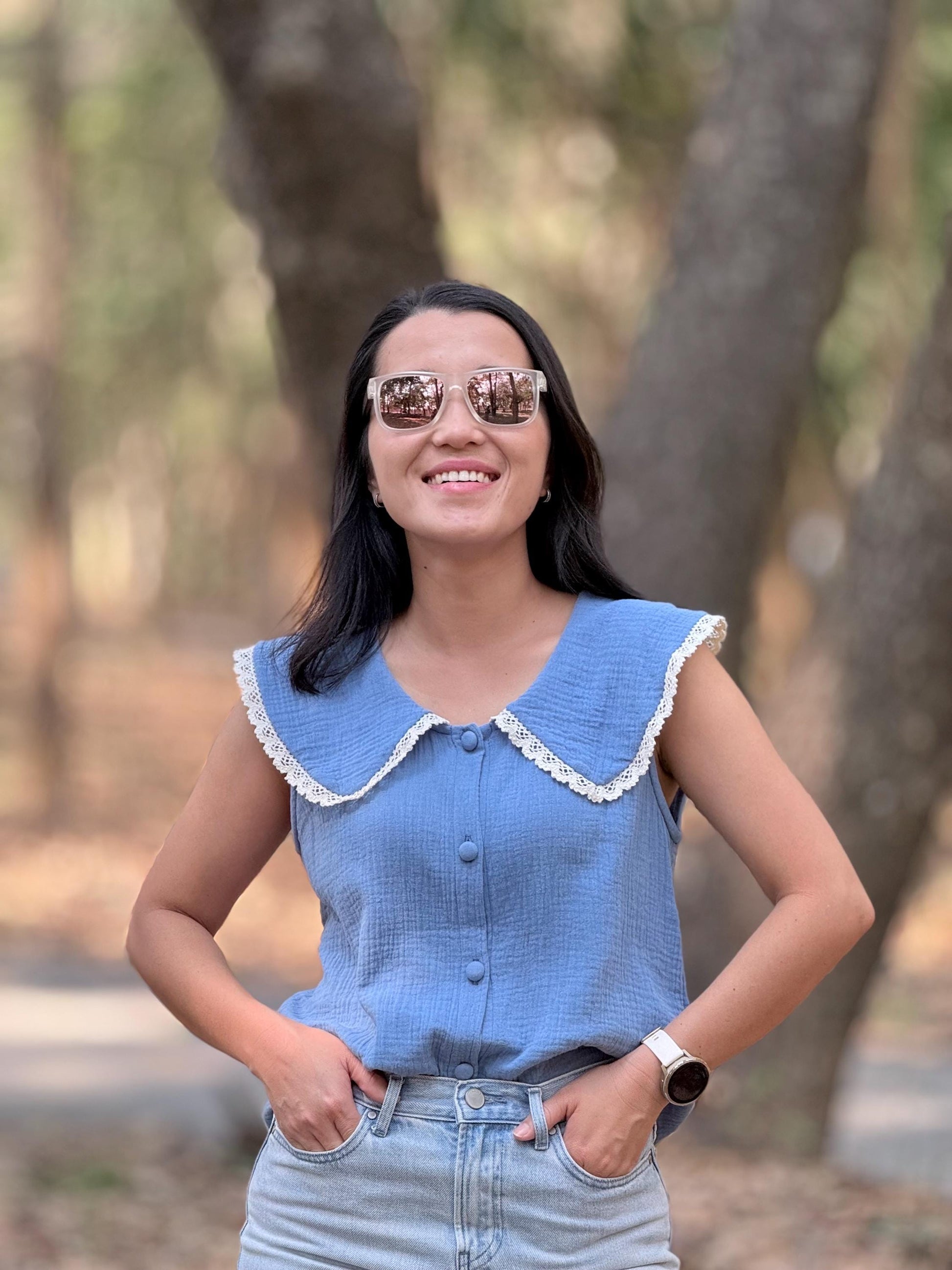 Cotton Gauze Crop Top – Sleeveless Collared Button-Up Top – Organic Cotton Double Gauze Muslin – Minimalist Summer Blouse