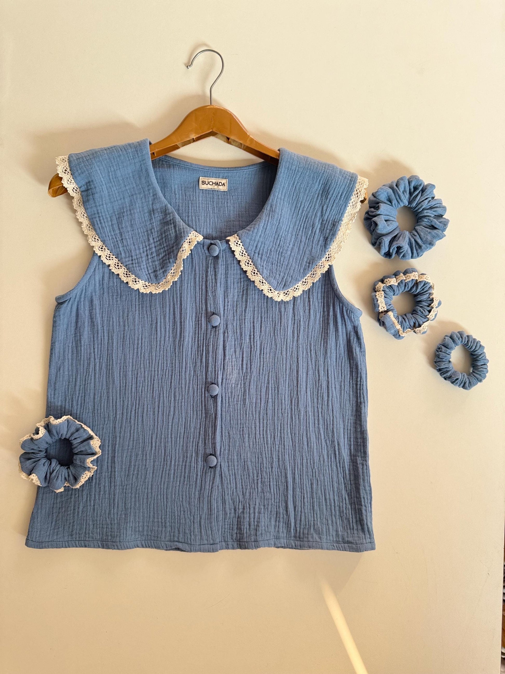 Cotton Gauze Crop Top – Sleeveless Collared Button-Up Top – Organic Cotton Double Gauze Muslin – Minimalist Summer Blouse