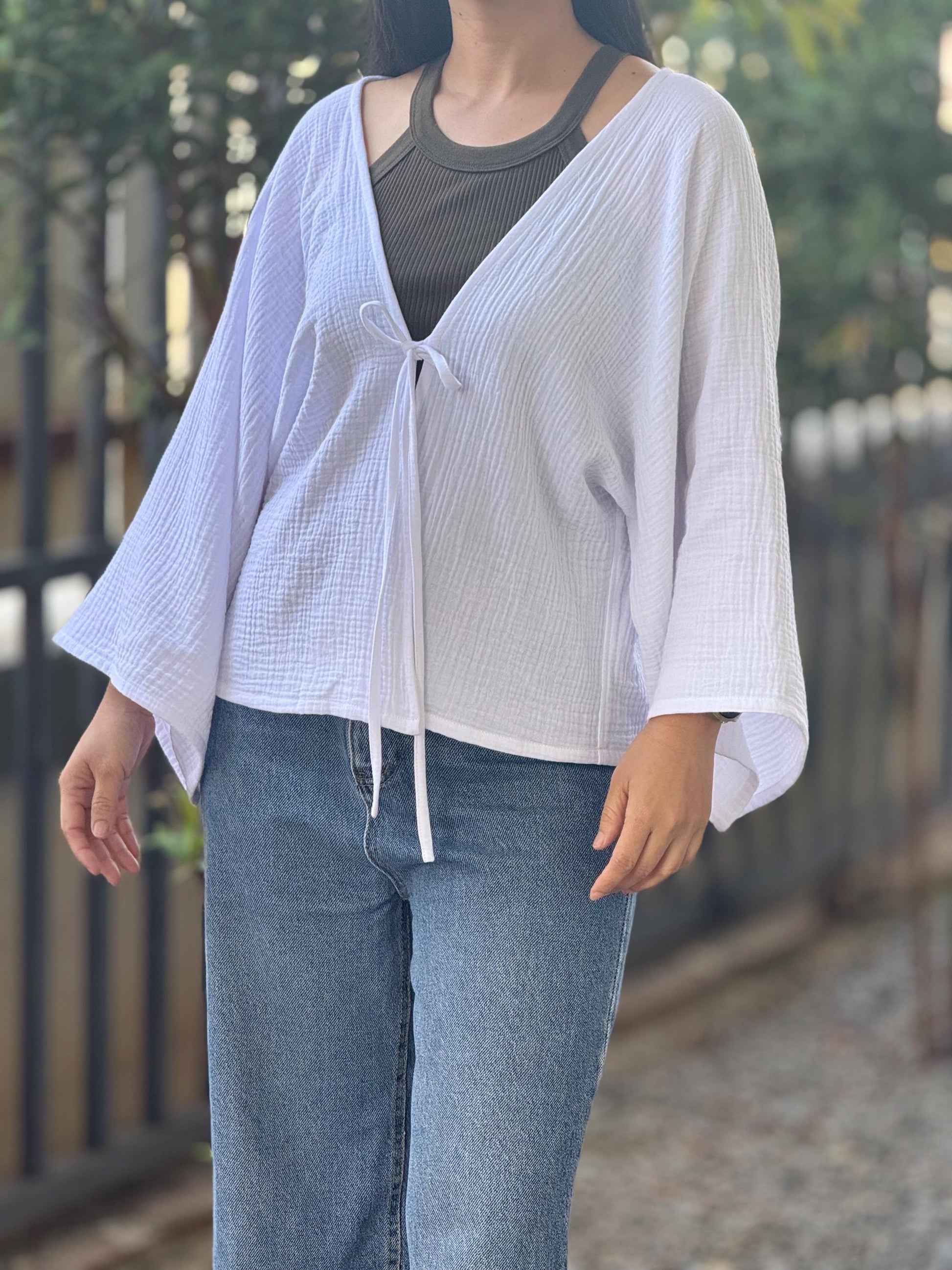 Muslin Double Gauze Bow Laced Blouse | Long Sleeve Loose Top