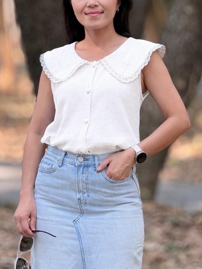 Cotton Gauze Crop Top – Sleeveless Collared Button-Up Top – Organic Cotton Double Gauze Muslin – Minimalist Summer Blouse