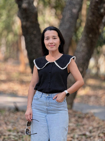 Cotton Gauze Crop Top – Sleeveless Collared Button-Up Top – Organic Cotton Double Gauze Muslin – Minimalist Summer Blouse