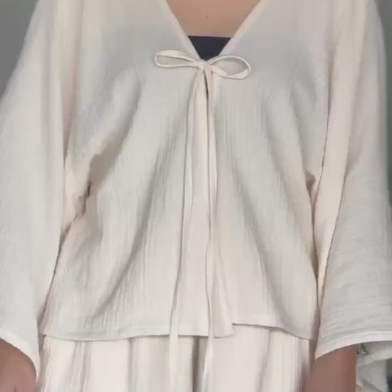 Muslin Double Gauze Bow Laced Blouse | Long Sleeve Loose Top