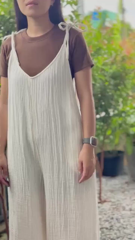 Muslin Tie-Strap Jumpsuit | Double Gauze Tie-Shoulder Overalls | Lightweight Gauze Dungaree for Women