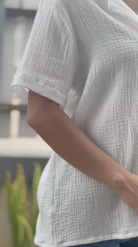 Double Gauze Short Sleeve Hawaiian Collar Blouse