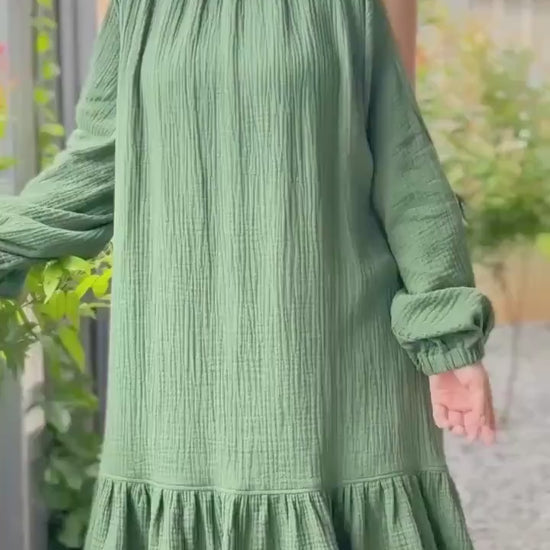 Off Shoulder Dress | Puff  Sleeve Dress | Cotton Dress | Double Gauze dress |Ruffled hem Double Gauze dress