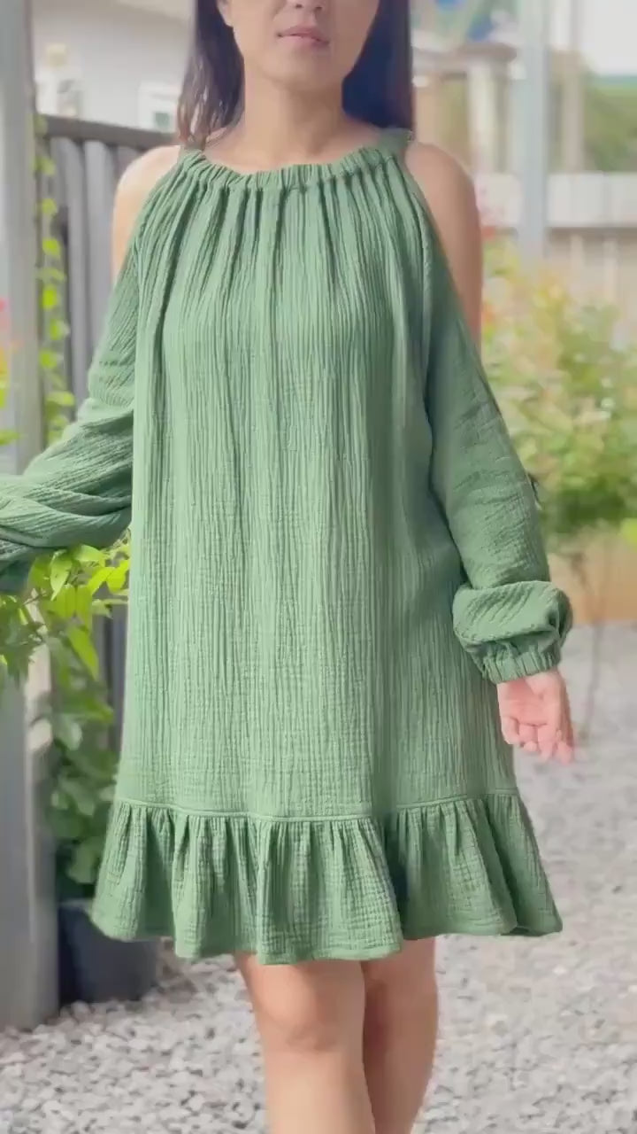 Off Shoulder Dress | Puff  Sleeve Dress | Cotton Dress | Double Gauze dress |Ruffled hem Double Gauze dress