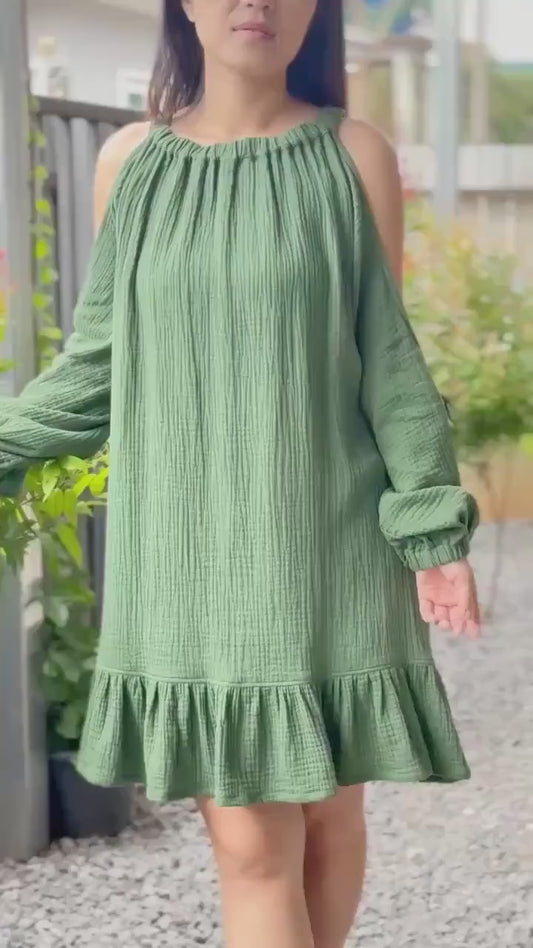 Off Shoulder Dress | Puff  Sleeve Dress | Cotton Dress | Double Gauze dress |Ruffled hem Double Gauze dress
