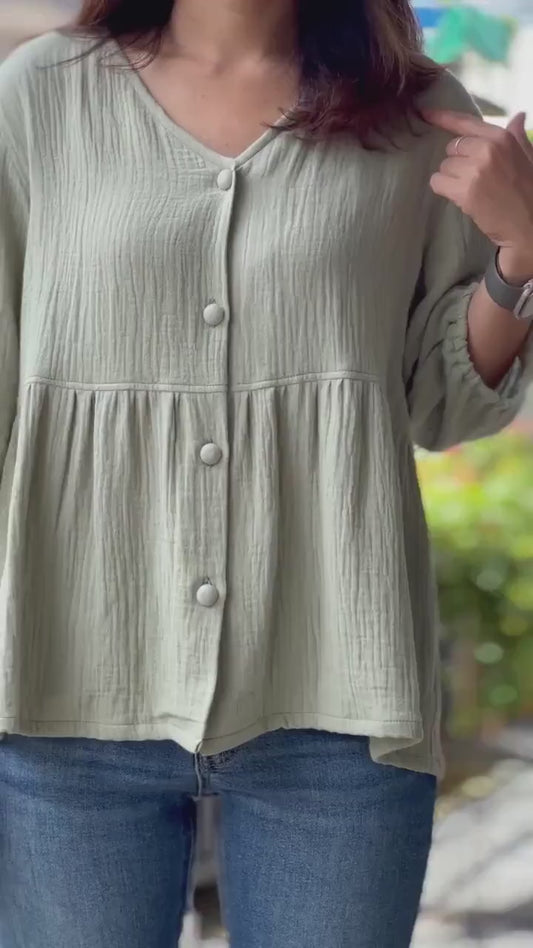 Double Gauze Button Up V-neck Blouse