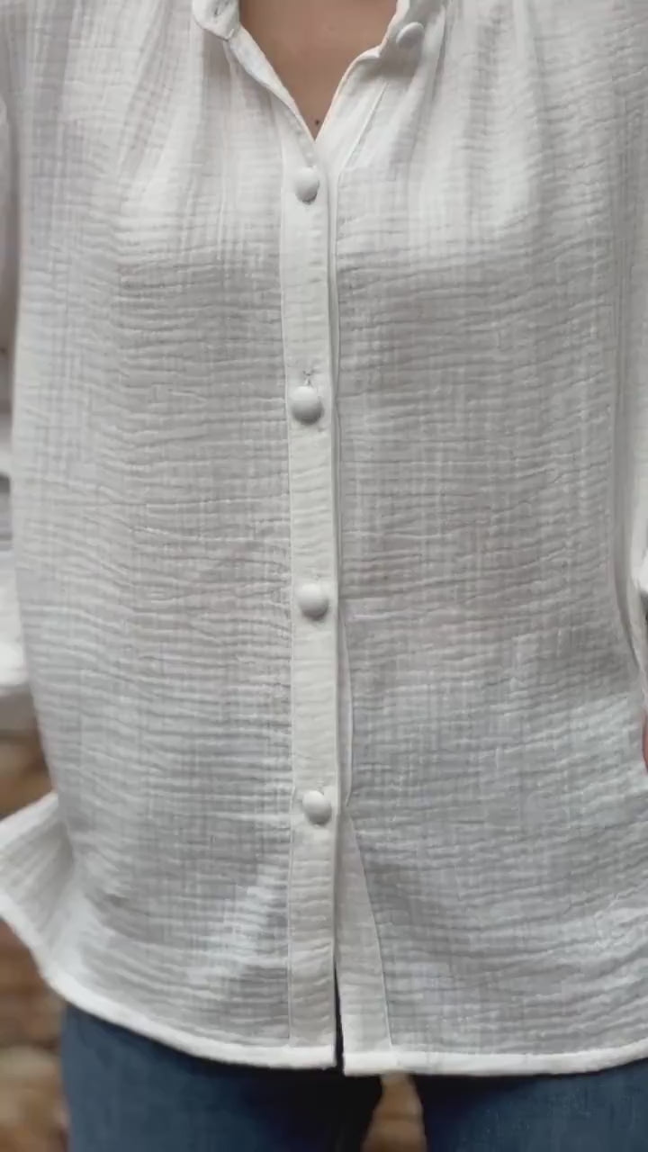 Muslin Double Gauze Band Collar Blouse | Crepe Cotton Loose Fit Shirt | Summer Shirt | Beach Wear | Swimsuit Cover