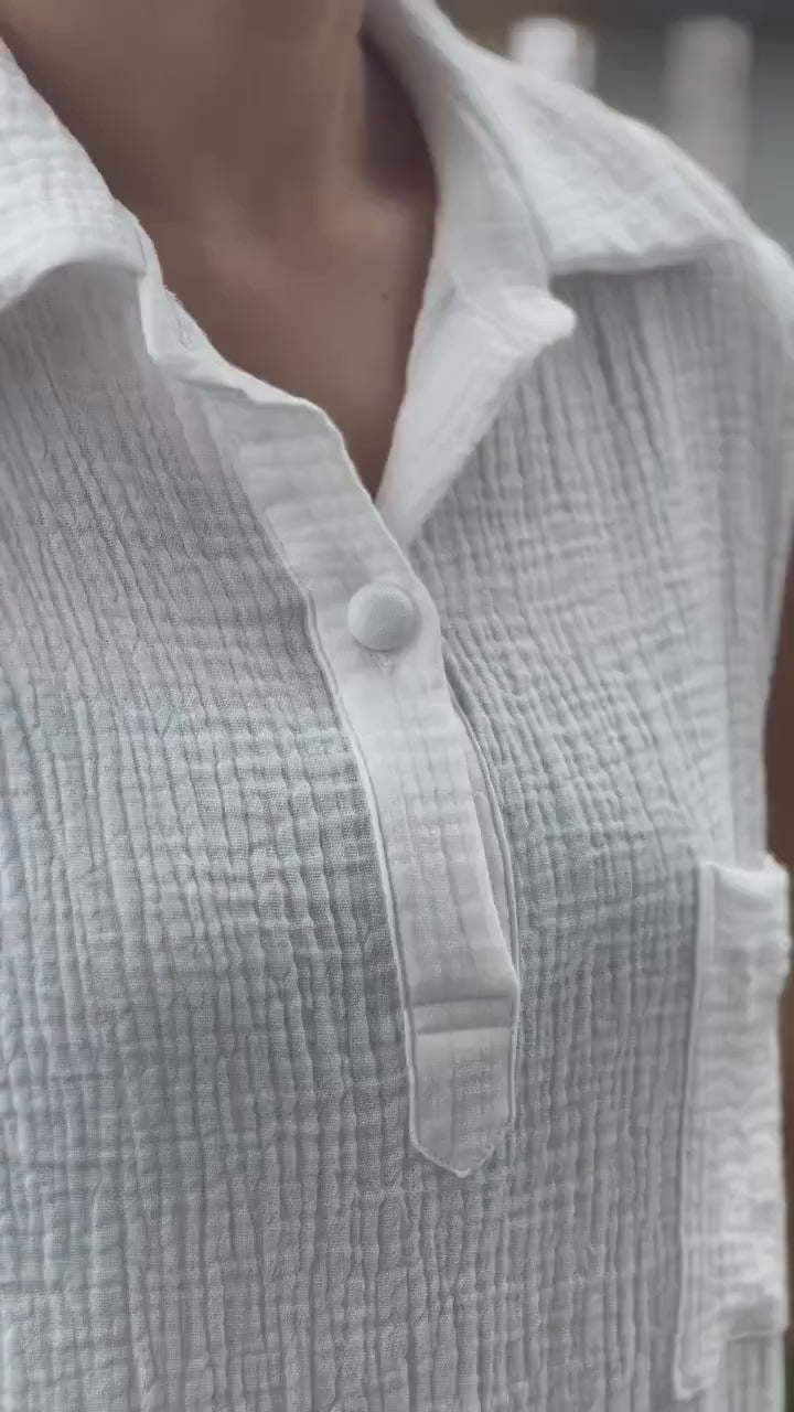Double Gauze Collared Loose-Fitting Sleeveless Blouse