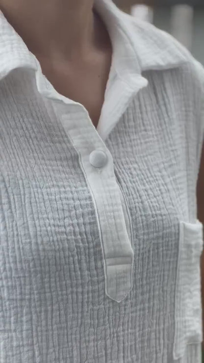 Double Gauze Collared Loose-Fitting Sleeveless Blouse
