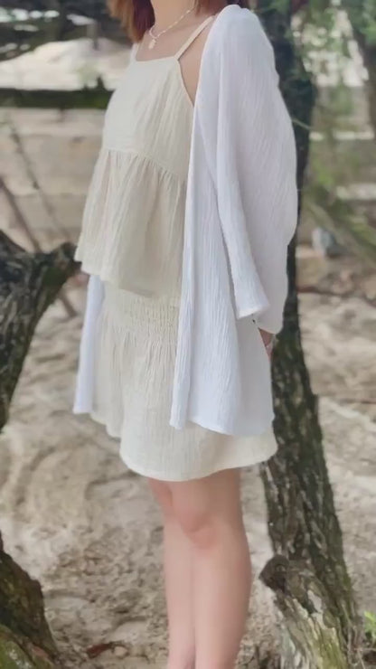 Organic Cotton Tie-Strap Top  | Adjustable Shoulder Bow Cami | Crinkle Double Gauze Ruffle Tank |  Breathable Minimalist Summer Blouse