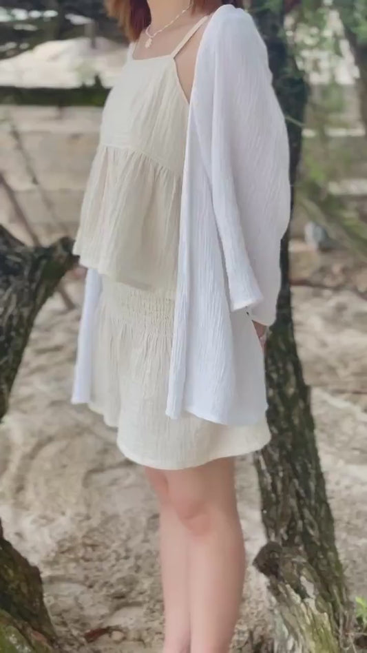 Organic Cotton Tie-Strap Top  | Adjustable Shoulder Bow Cami | Crinkle Double Gauze Ruffle Tank |  Breathable Minimalist Summer Blouse