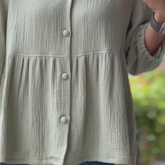 Double Gauze Button Up V-neck Blouse