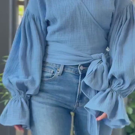 Double-Gauze Cotton Top with Puffy Sleeves and Adjustable Waist Tie