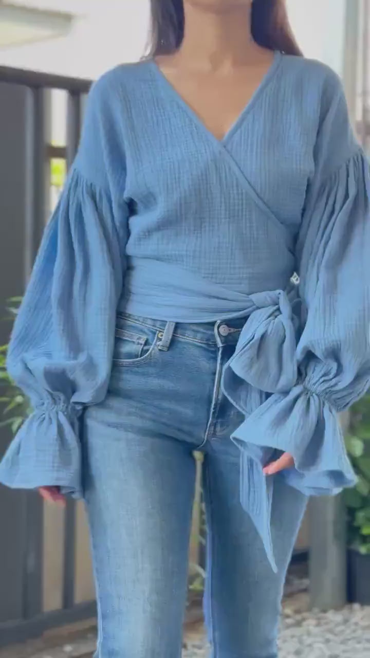 Double-Gauze Cotton Top with Puffy Sleeves and Adjustable Waist Tie
