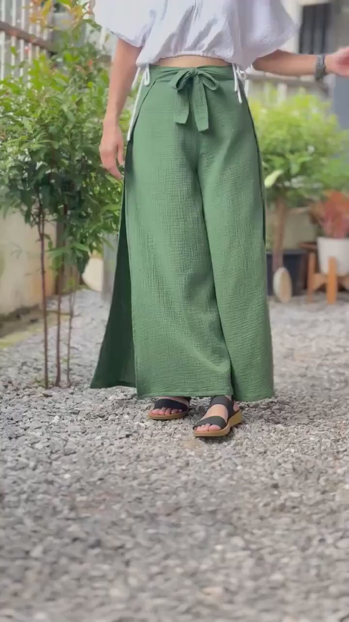 Split Wide Leg Tied Pants | Bali Beach Pants | Summer Pants |  Gauze Muslin Pant |