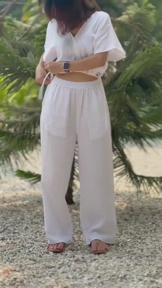 Muslin Double Gauze V-Neck Blouse with Adjustable Crop Top