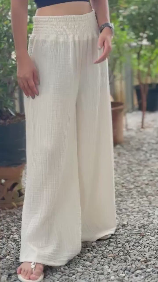 Casual Smocked Waist Cotton Gauze Trousers /Gauze Muslin Pants - Loungeware