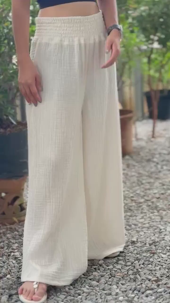 Casual Smocked Waist Cotton Gauze Trousers /Gauze Muslin Pants - Loungeware